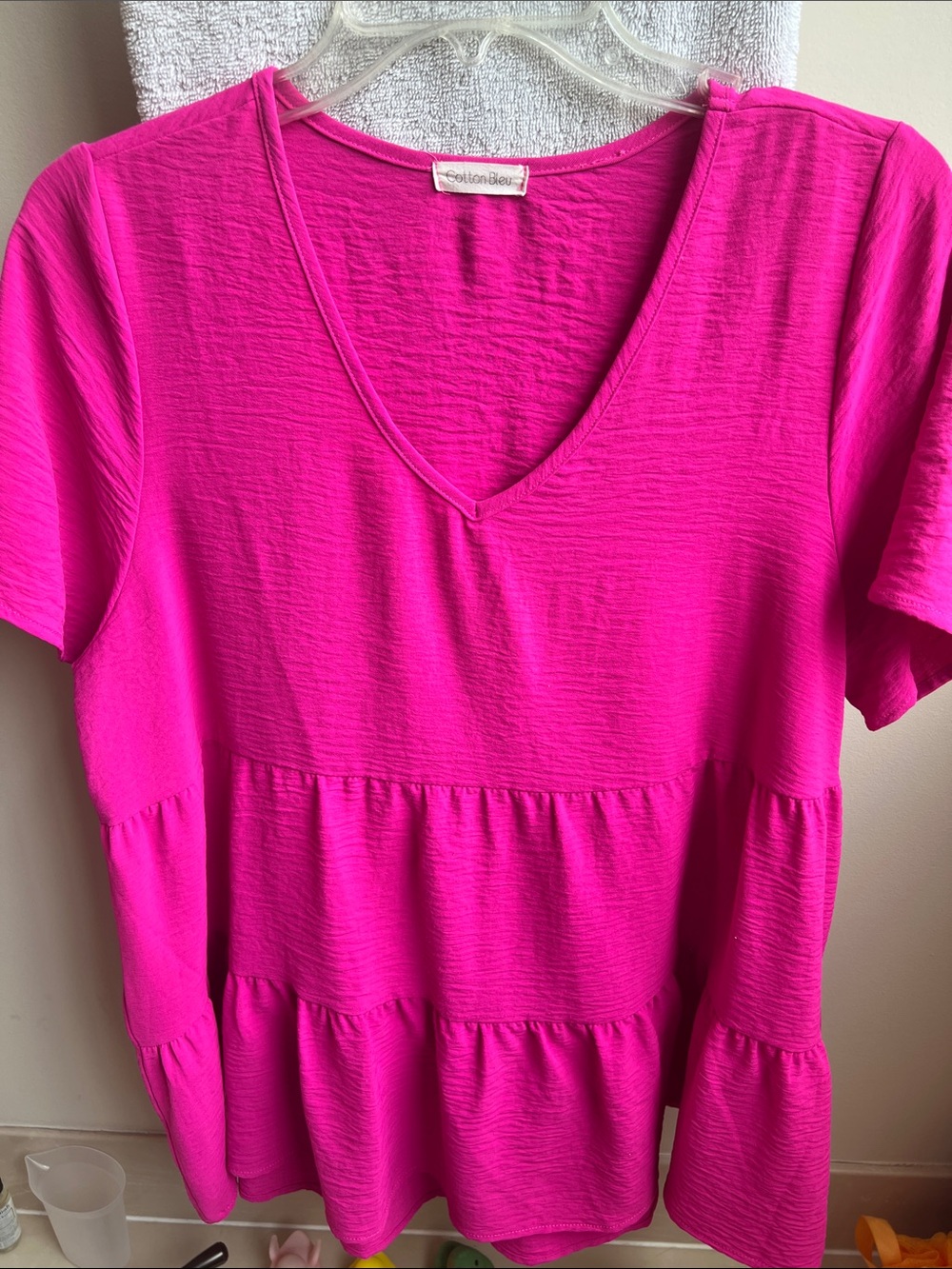 Cotton Bleu Women's V-Neck Tiered Tunic in Fuchsia